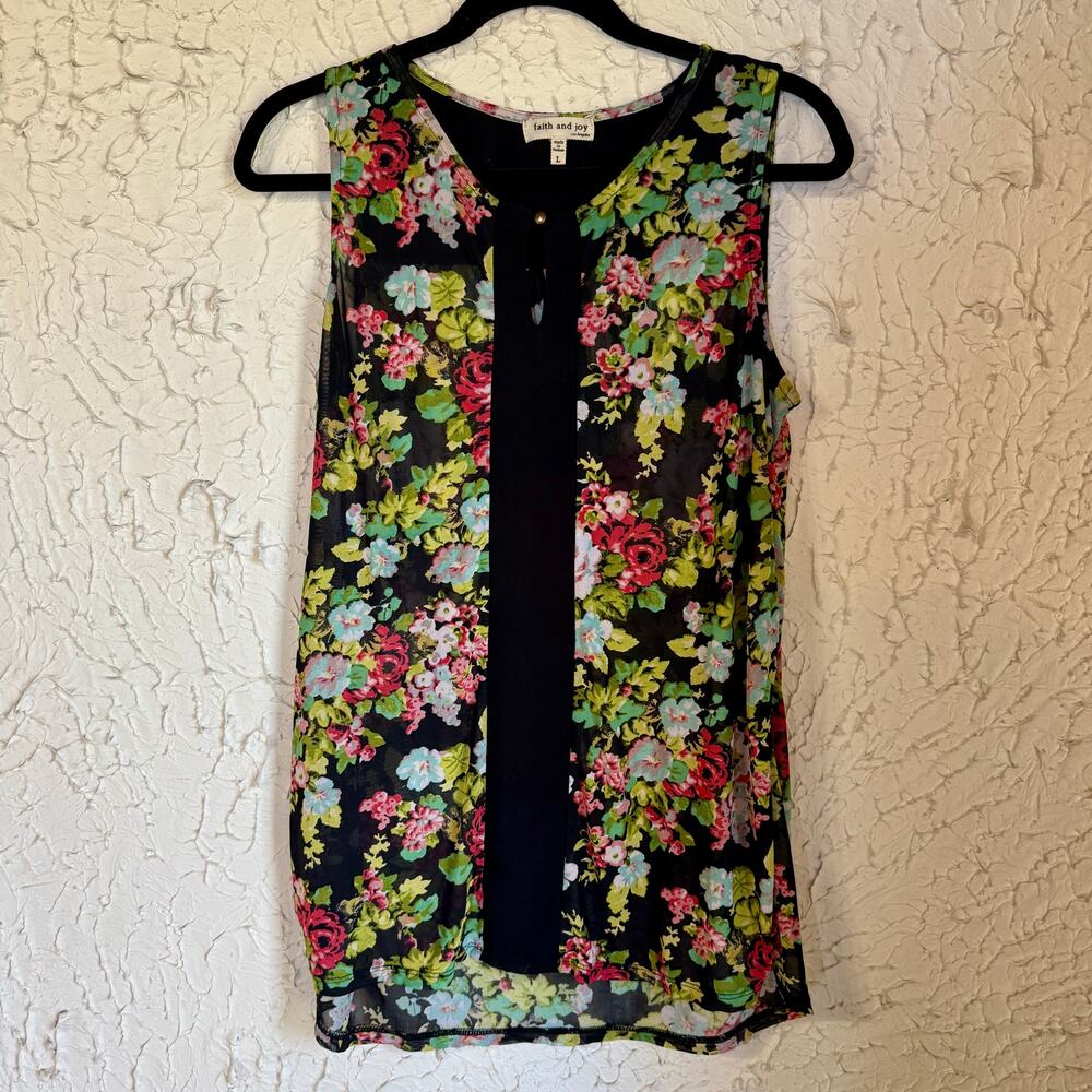 Womens Floral Blouse Large Sheer Sleeveless Top Black Multicolor Boho Lightweigh